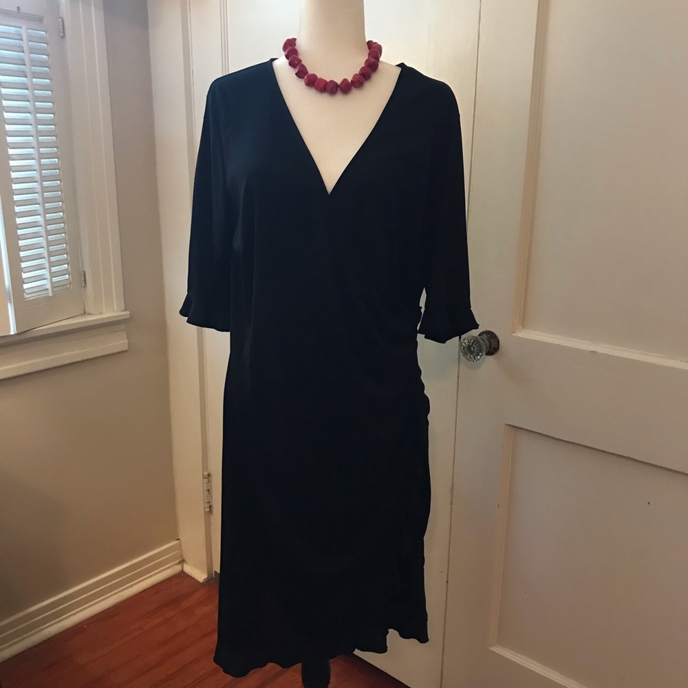 New York & Co black faux wrap dress with ruffle XL